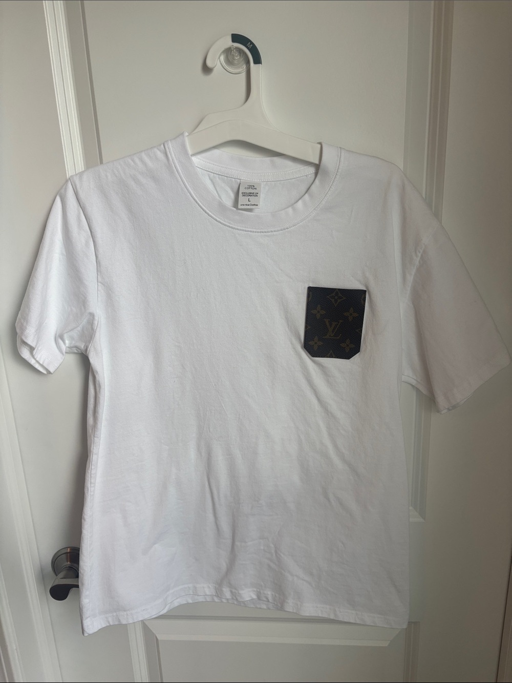 White T-Shirt with Upcycled LV Dark Monogram Pocket